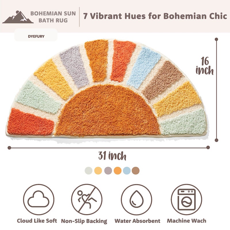 DyeFury Sunrise Boho Bathroom Rugs,Half Circle Bath Mat Cute,Sun Bath Mats,Retro Bohemian Home Bathroom Decor,Small Colorful Fun Semi Round Shower Rug Non-Slip,Funny Washable Rug Bedroom 31"x16" - Image 2