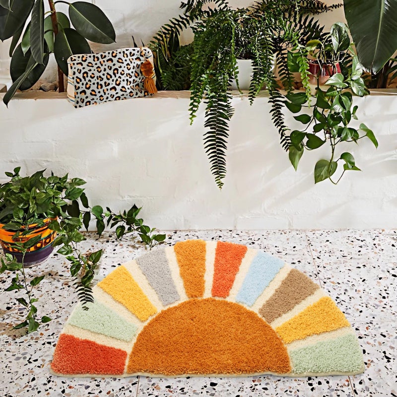 DyeFury Sunrise Boho Bathroom Rugs,Half Circle Bath Mat Cute,Sun Bath Mats,Retro Bohemian Home Bathroom Decor,Small Colorful Fun Semi Round Shower Rug Non-Slip,Funny Washable Rug Bedroom 31"x16" - Image 3