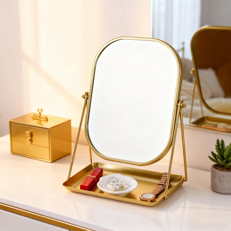 Tstarer مرآة مكياج معدنية دوارة 360 درجة مع تخزين، مرآة زينة للمكتب، الحمام، غرفة النوم، طاولة الزينة (ذهبي) - Image 3