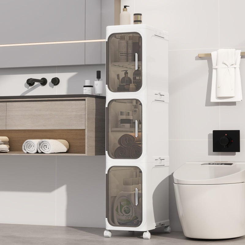 KHNR 3-Tiers Slim Bathroom Storage Cabinet, Foldable Storage Cabinets,Narrow Bathroom Storage,Movable Bathroom Storage Organizer for Small Spaces,Bathroom,Kitchen,Laundry,White - Image 1