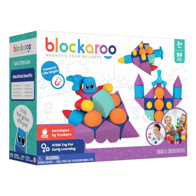 Blockaroo Magnetic Foam Building Blocks - 50-Piece Set, Bath Toys for Toddlers, Preschool Toys, Bathtub Toys, Sensory Toys, Blocks for Toddlers 3-5, Engineering Toys for Kids 3-5, Bath Blocks - Image 1