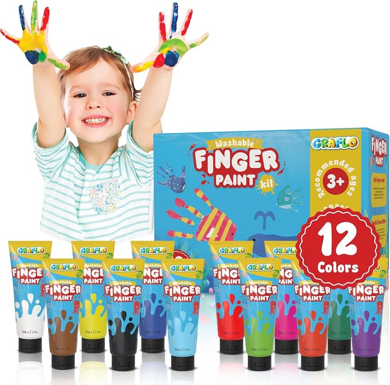 GRAFLO Washable Finger Paint for Toddlers, 12 Non-Toxic Vibrant Colors, 50ml Tubes, Safe Baby Hand and Foot Paint, Mess-Free Art Supplies for Kids, Ideal Preschool Learning Gift for Ages 1-6 - Image 1