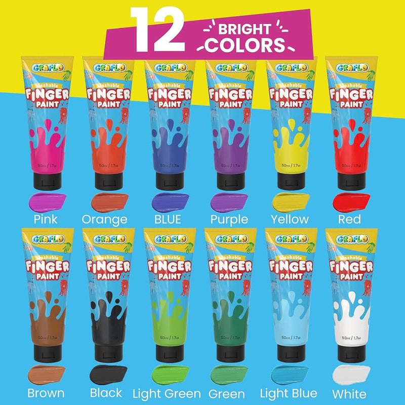 GRAFLO Washable Finger Paint for Toddlers, 12 Non-Toxic Vibrant Colors, 50ml Tubes, Safe Baby Hand and Foot Paint, Mess-Free Art Supplies for Kids, Ideal Preschool Learning Gift for Ages 1-6 - Image 3