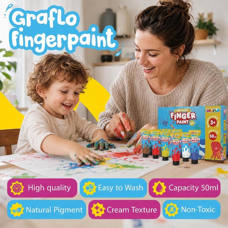 GRAFLO Washable Finger Paint for Toddlers, 12 Non-Toxic Vibrant Colors, 50ml Tubes, Safe Baby Hand and Foot Paint, Mess-Free Art Supplies for Kids, Ideal Preschool Learning Gift for Ages 1-6 - Image 5