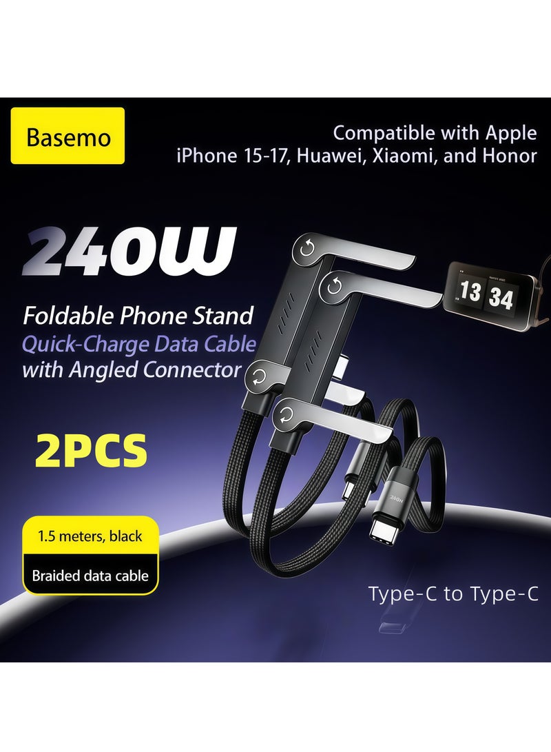 BASEMO 2-Pack Sideways Phone Charger, 2-in-1 Invisible Holder Charger Cable, 240w Fast Charging Cord with Built-in Phone Stand for Smartphones Tablets (C-C,) - Image 1
