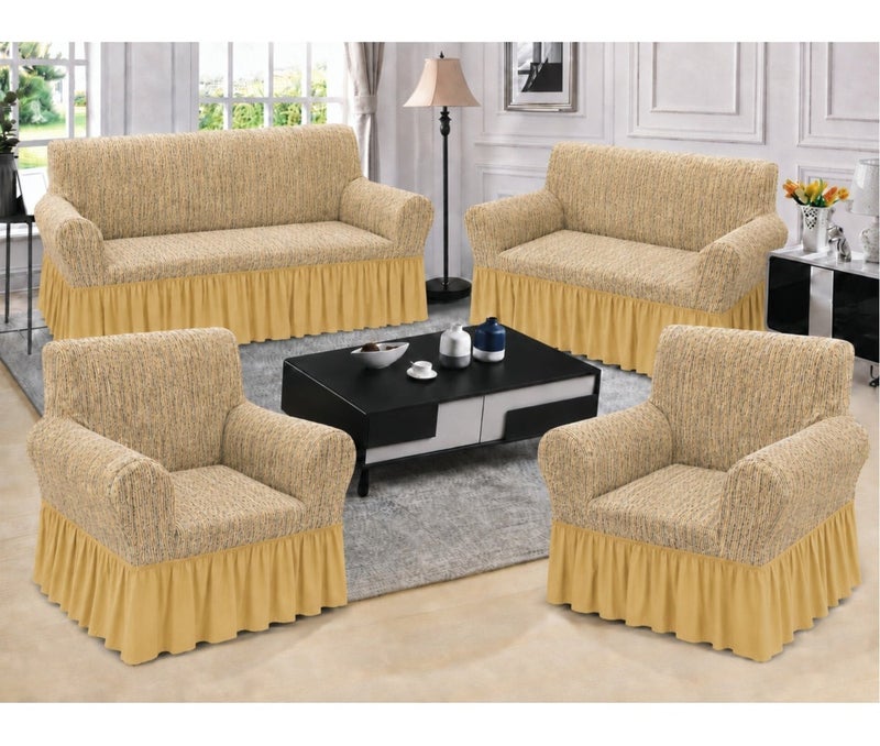 Fabienne 4-Piece Stretchable Sofa Cover Set Jacquard Fabric Seven Seater 3211 Combination Couch Cover Set Beige - Image 4
