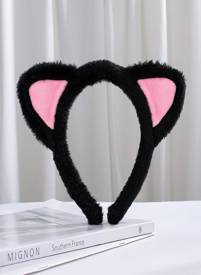 Outyua Cat Ears Headband Black Furry Makeup Headbands Plush Washing Headwear Halloween Cosplay Everyday Wear for Women - Image 2
