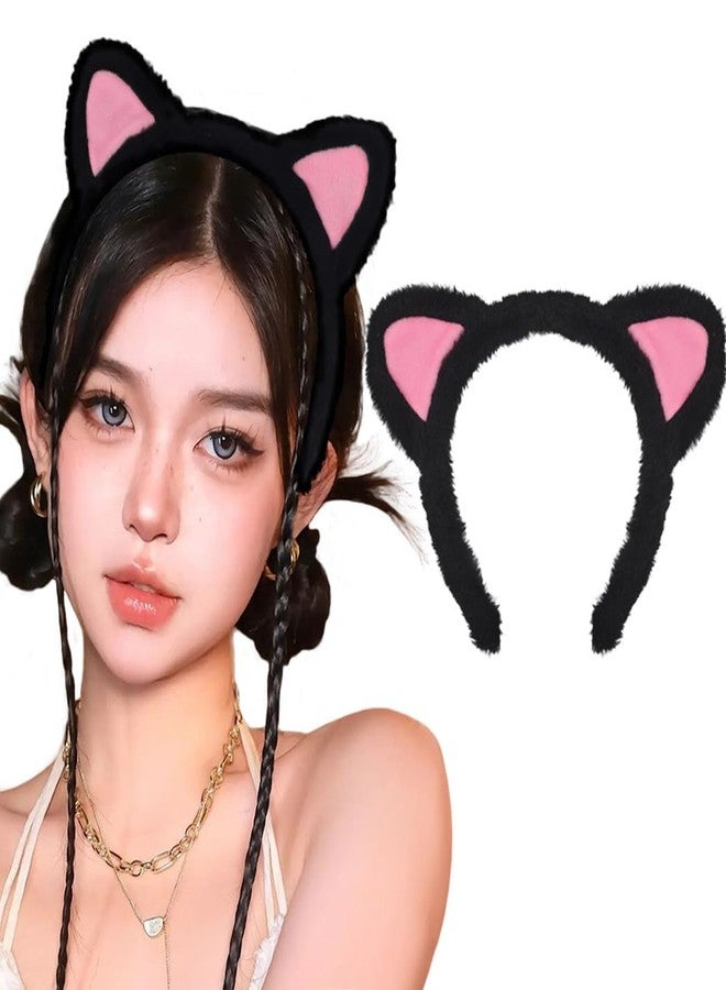 Outyua Cat Ears Headband Black Furry Makeup Headbands Plush Washing Headwear Halloween Cosplay Everyday Wear for Women - Image 1