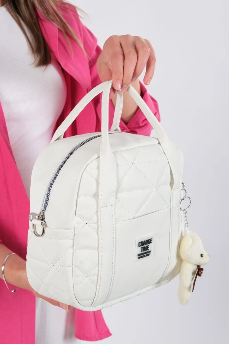 نيويش بولو White Quilted Women's Hand, Arm and Shoulder Bag (With Teddy Bear Keychain Gift)