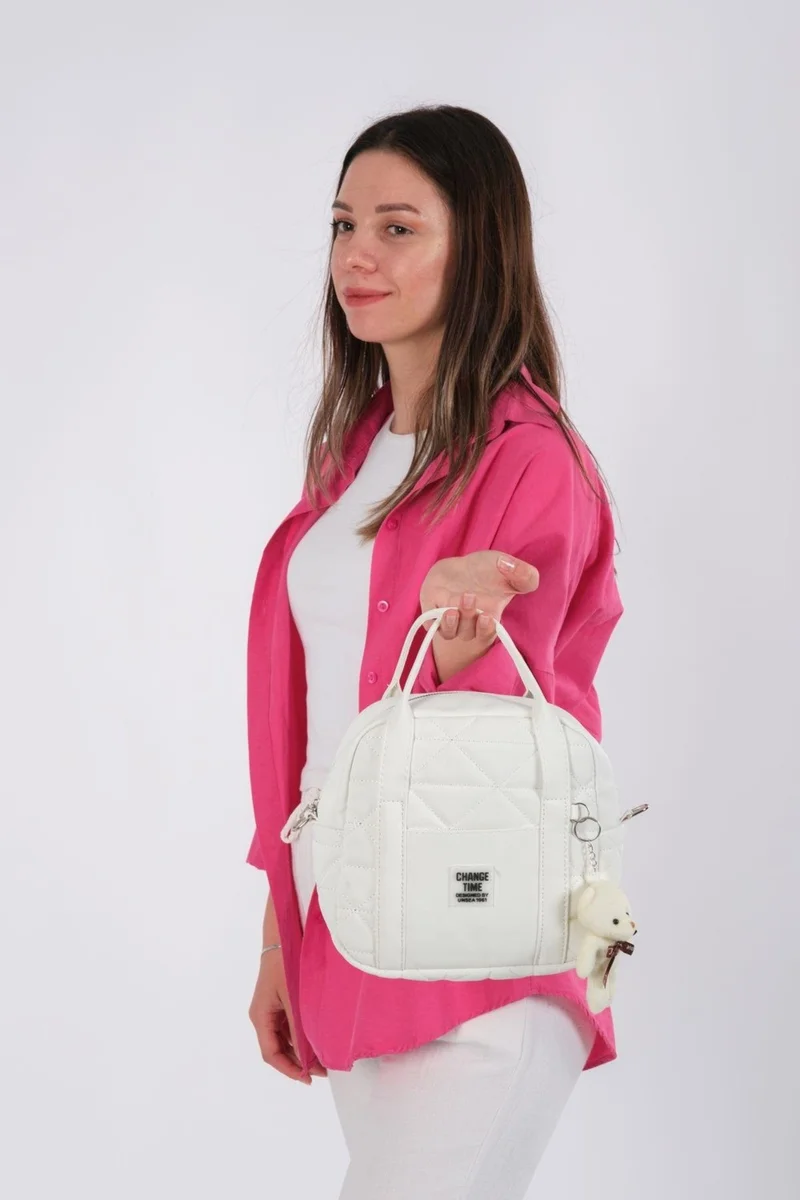 نيويش بولو White Quilted Women's Hand, Arm and Shoulder Bag (With Teddy Bear Keychain Gift)