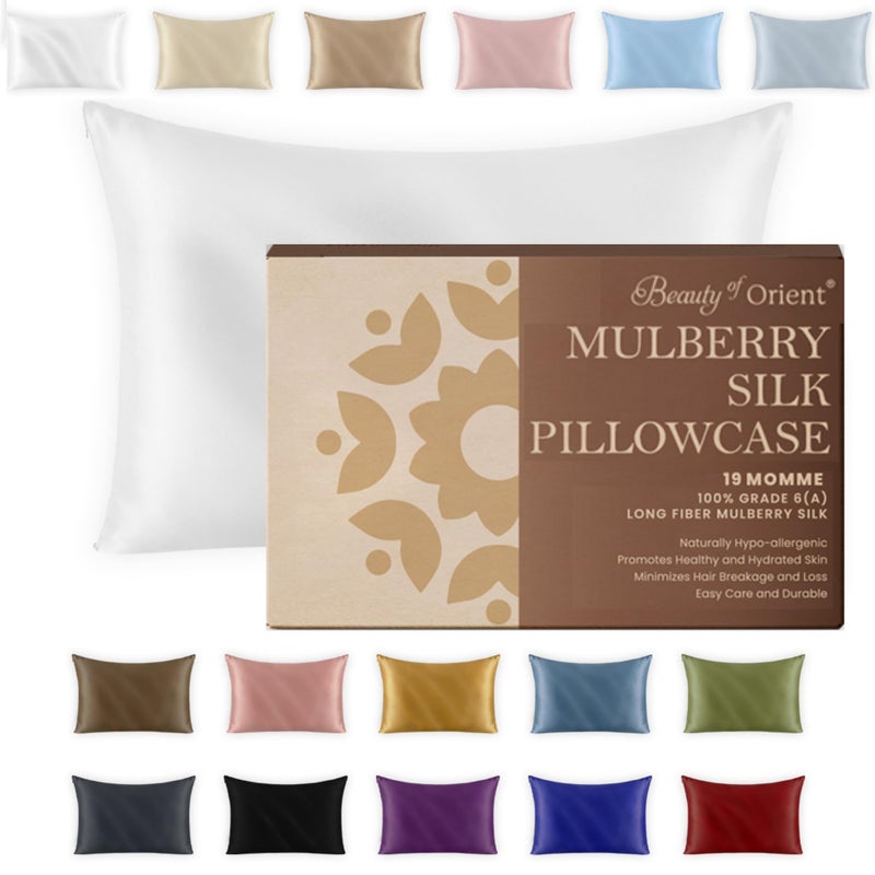 Beauty of Orient Beauty of Orient Premium Mulberry Silk Pillowcase for Sleeping Women and Men | Handcrafted Hypoallergenic & Anti-Acne White Silk Pillow Cases with Zipper | Standard - 20"" x 26""  Natural Undyed White - Image 1