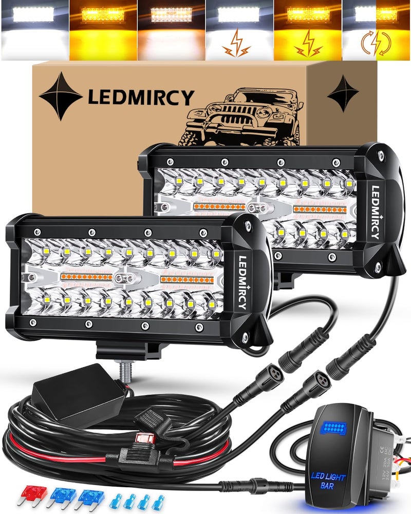 LEDMIRCY 7 Inch LED Light Bar Kit with Rocker Switch 6 Modes White Amber Offroad Light Bar with Memory Function Strobe Light with Wiring Harness Flashing Work Lights for Trucks Boat Tractor Etc