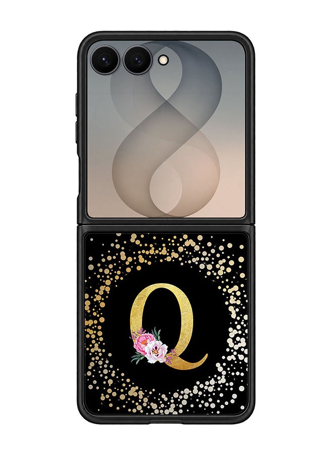Stylizedd Rugged Case for Samsung Galaxy Z Flip8- Slim Fit Hybrid Rubber Cover Floral Monogram - Q (Black)