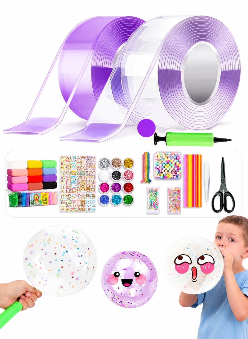 All In One Nano Bubble Tape Kit, DIY Squishy Bubble Maker Fidget Toy with 2 Rolls 3M White & Purple Nano Double Sided Tape, Balloon Pump, 10 Straws, 12 Glitter Stickers & Clamps, Multipurpose Craft Stress Relief Gift for Kids & Adults - Image 1