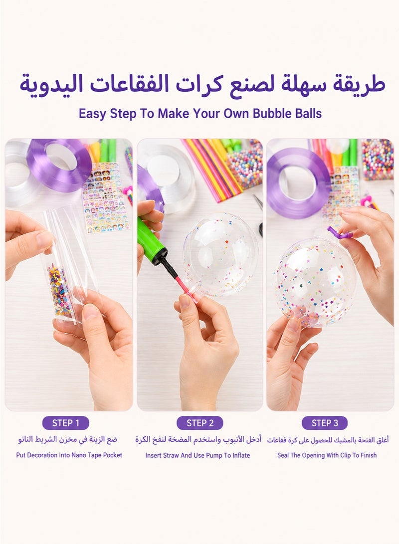 All In One Nano Bubble Tape Kit, DIY Squishy Bubble Maker Fidget Toy with 2 Rolls 3M White & Purple Nano Double Sided Tape, Balloon Pump, 10 Straws, 12 Glitter Stickers & Clamps, Multipurpose Craft Stress Relief Gift for Kids & Adults - Image 3