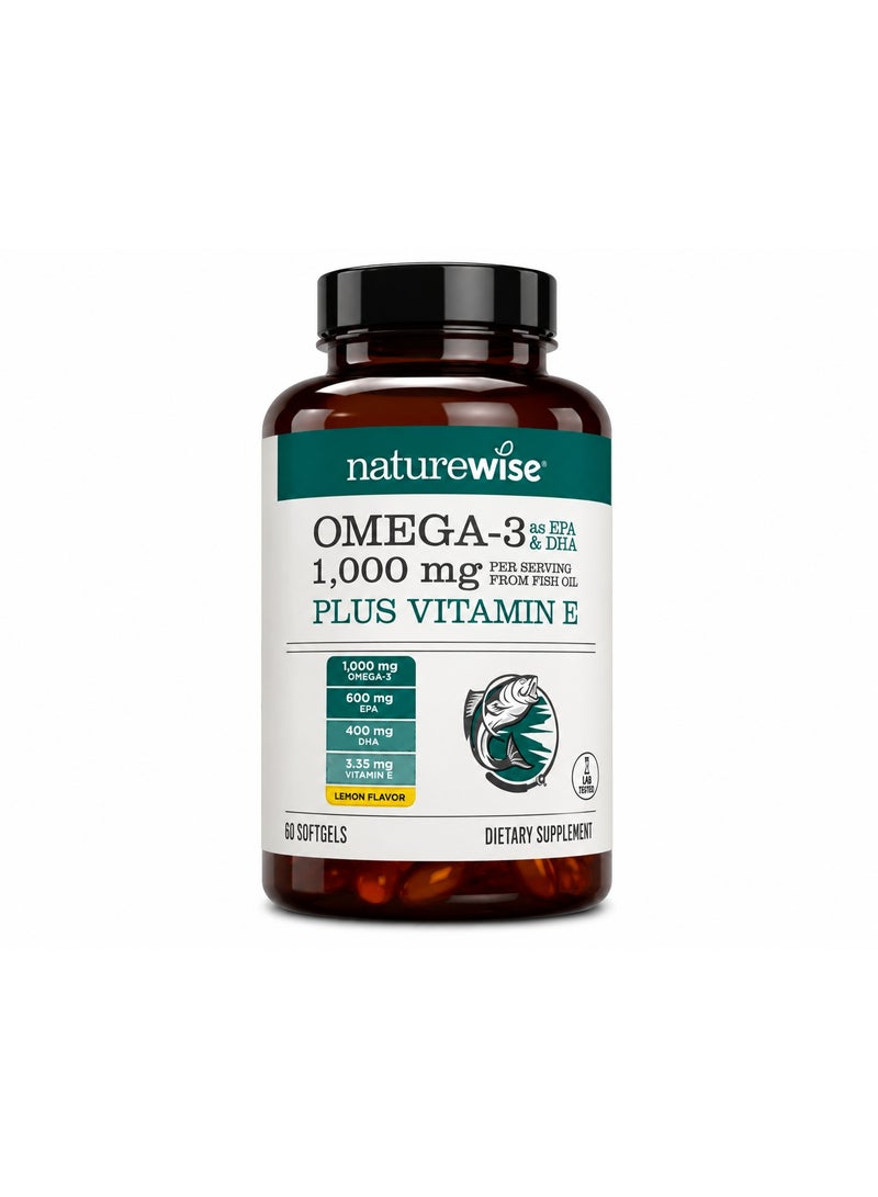 NatureWise Extra-Strength Omega 3 Fish Oil Supplement - 1000mg per Serving - 600 EPA & 400 DHA and Vitamin E - Support for Heart & Brain Health - Lemon Flavor, Non-GMO - 60 Softgels