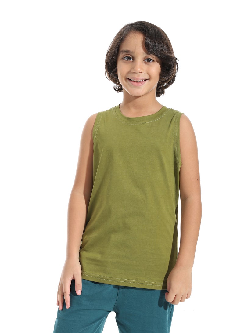 Andora Cut Sleeves Loose Fit Basic T-Shirt_Olive - Image 1