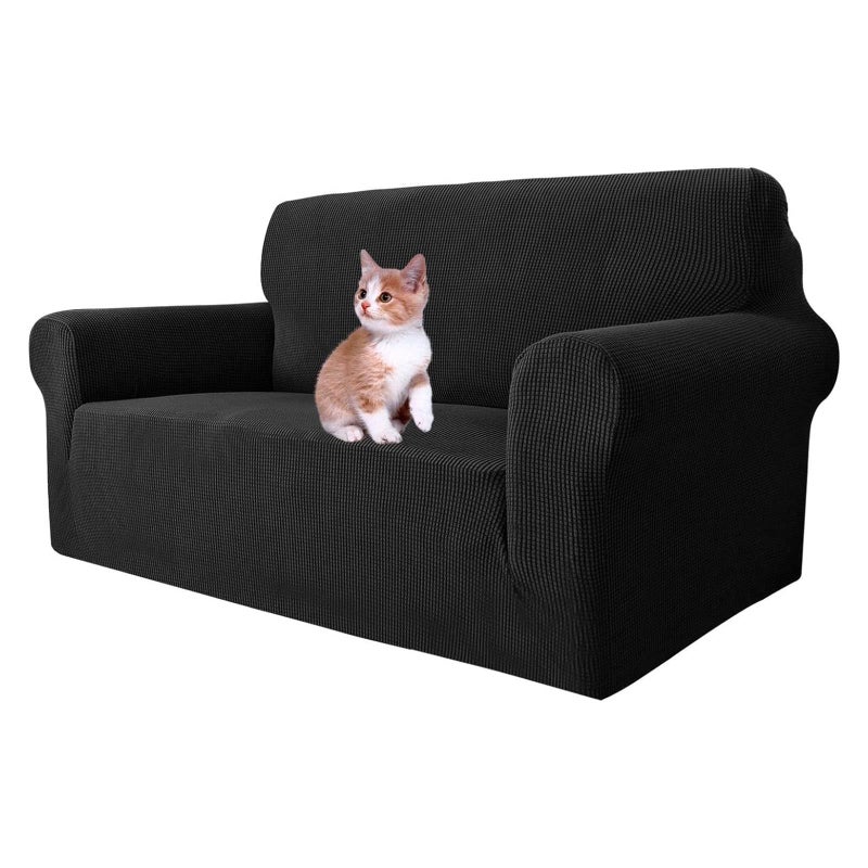 MAXIJIN Super Stretch Couch Cover for 2 Seater Couch 1Piece Universal Love Seat Covers Jacquard Spandex Sofa Protector Dogs Pet Friendly Fitted Loveseat Slipcover 2 Seater Black