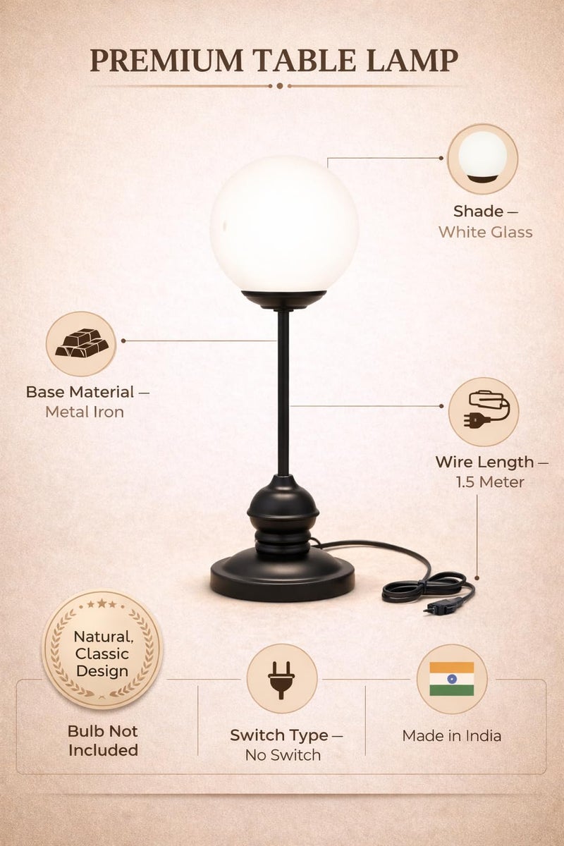 tu casa Metal Table Lamp | Glass Shade Bedside Lamp 17 Inch | Decorative Lighting for Bedroom Living Room Dining Study & Restaurants | Home Décor & Diwali Gifting | Bulb Not Included - Image 4