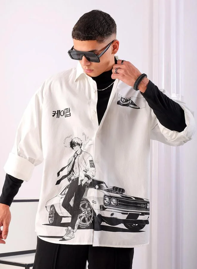 Men Oversized Graphic Cutaway Collar Street Shirt