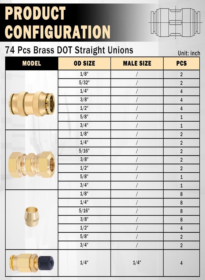 CheeMuii 74 PCS Brass DOT Air Line Fittings Kit DOT Push Lock and Compression Air Fittings DOT Quick Connect Straight Union 1/8" 5/32" 1/4" 3/8" 1/2" 5/8" 3/4" Air Hose Fittings Assortment - Image 2