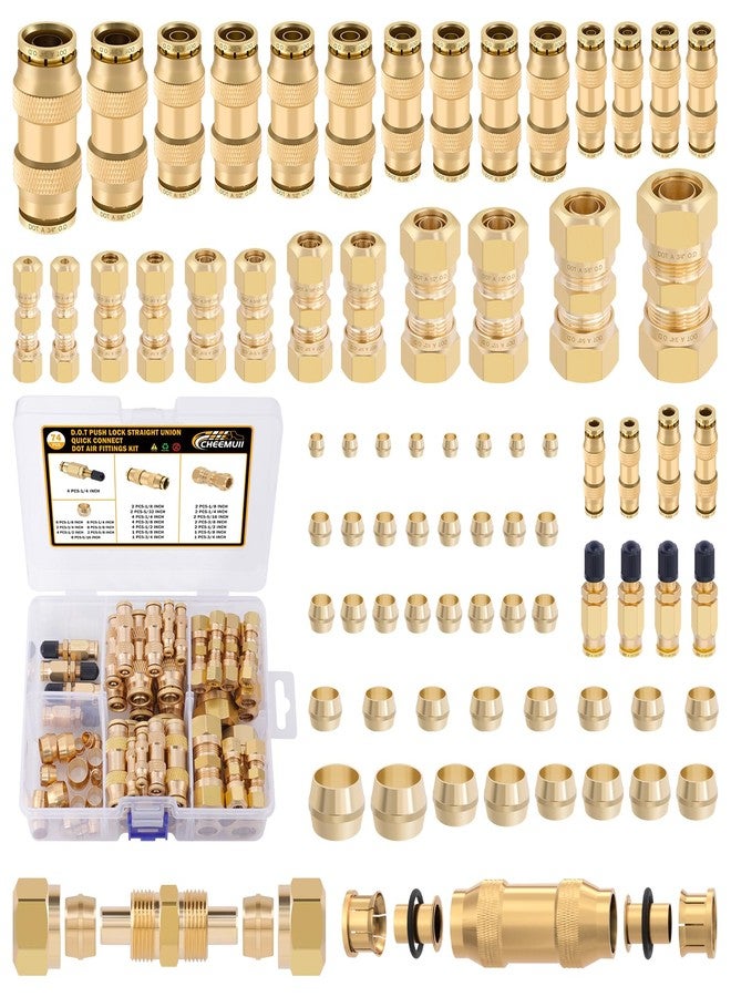 CheeMuii 74 PCS Brass DOT Air Line Fittings Kit DOT Push Lock and Compression Air Fittings DOT Quick Connect Straight Union 1/8" 5/32" 1/4" 3/8" 1/2" 5/8" 3/4" Air Hose Fittings Assortment - Image 1