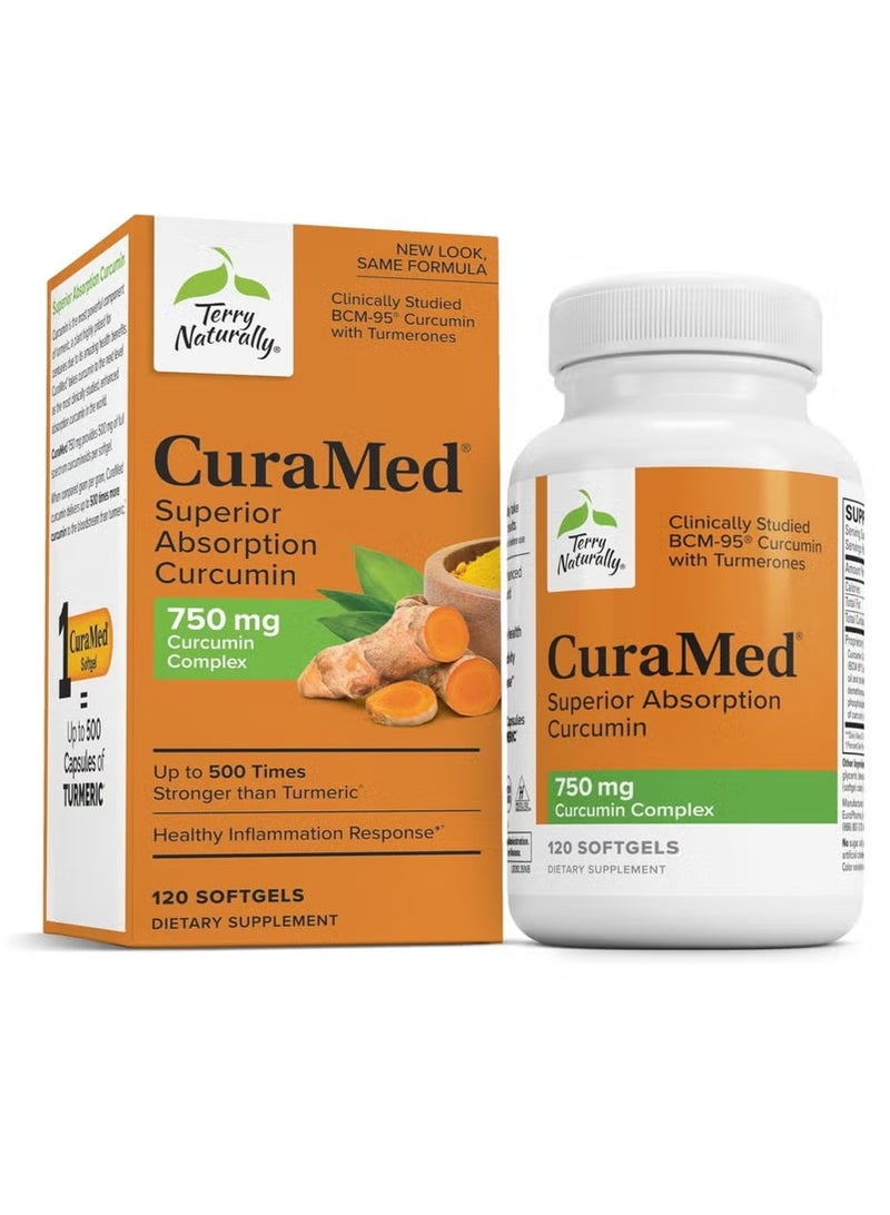 Terry Naturally CuraMed 750mg - Antioxidant Supplement for Brain & Heart Health Support - Dietary Supplement with High-Potency Curcumin Complex - Kidney, Liver & Immune Health Support - 120 Softgels  - Image 1