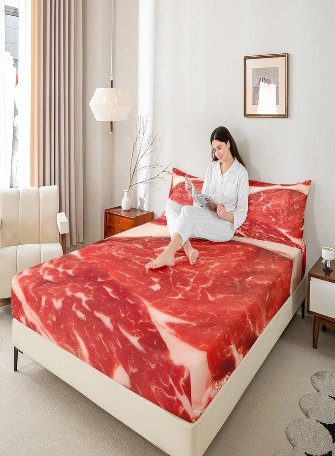 Feelyou Raw Meat Fitted Sheet Twin, Food Bedding Set Beaf Bed Sheet Set for Kids Boys Girls 3D Food Themed Bed Cover 2Pcs (1 Pillow Case and a Fitted Sheet) - Image 5