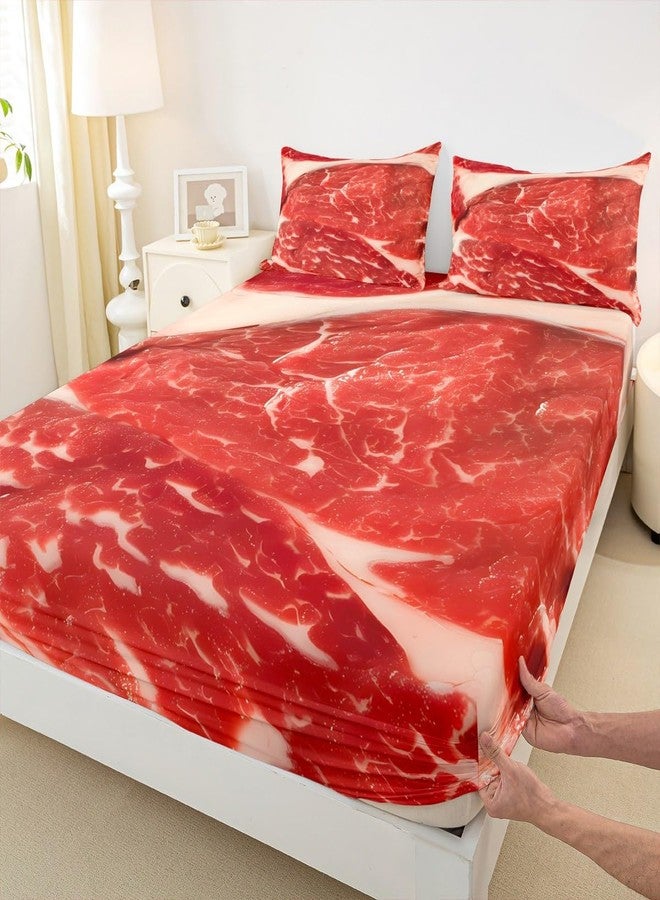 Feelyou Raw Meat Fitted Sheet Twin, Food Bedding Set Beaf Bed Sheet Set for Kids Boys Girls 3D Food Themed Bed Cover 2Pcs (1 Pillow Case and a Fitted Sheet) - Image 4