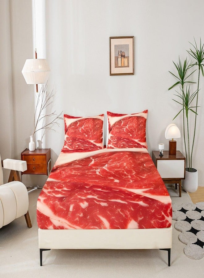 Feelyou Raw Meat Fitted Sheet Twin, Food Bedding Set Beaf Bed Sheet Set for Kids Boys Girls 3D Food Themed Bed Cover 2Pcs (1 Pillow Case and a Fitted Sheet) - Image 2