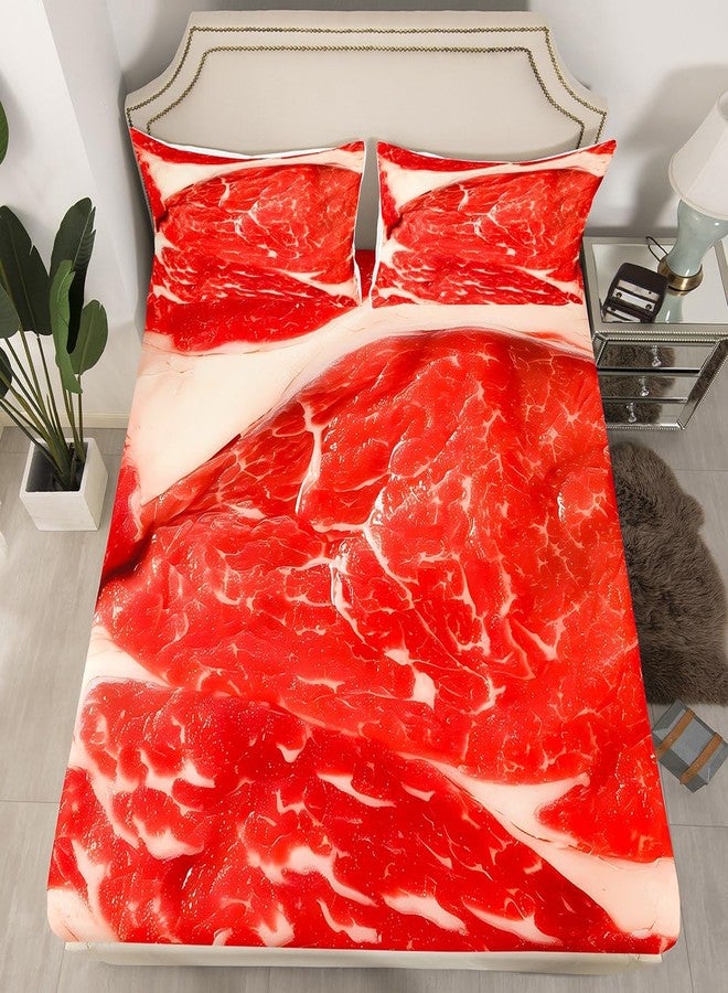 Feelyou Raw Meat Fitted Sheet Twin, Food Bedding Set Beaf Bed Sheet Set for Kids Boys Girls 3D Food Themed Bed Cover 2Pcs (1 Pillow Case and a Fitted Sheet) - Image 1