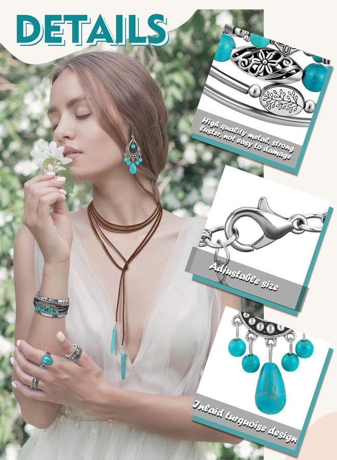 Inbagi 15 Pcs Western Turquoise Jewelry Set for Women Bohemian Pendant Necklace Dangle Earrings Boho Layered Bracelet Knuckle Rings - Image 3