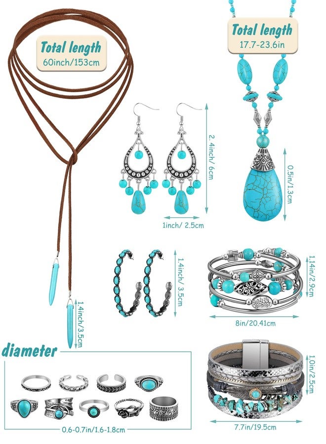 Inbagi 15 Pcs Western Turquoise Jewelry Set for Women Bohemian Pendant Necklace Dangle Earrings Boho Layered Bracelet Knuckle Rings - Image 2