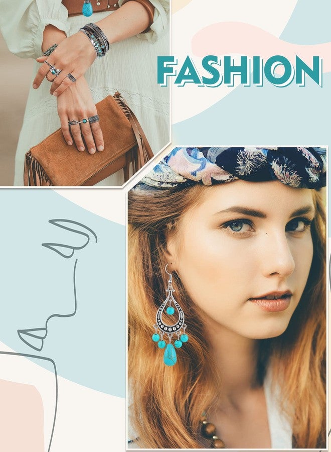 Inbagi 15 Pcs Western Turquoise Jewelry Set for Women Bohemian Pendant Necklace Dangle Earrings Boho Layered Bracelet Knuckle Rings - Image 4