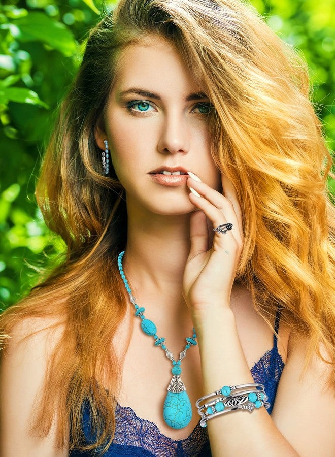 Inbagi 15 Pcs Western Turquoise Jewelry Set for Women Bohemian Pendant Necklace Dangle Earrings Boho Layered Bracelet Knuckle Rings - Image 5