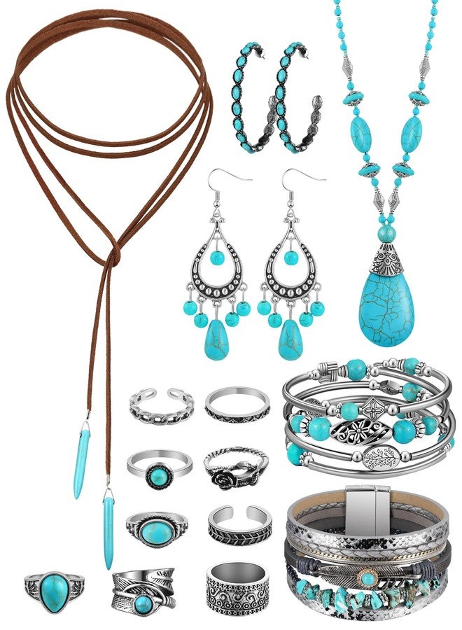 Inbagi 15 Pcs Western Turquoise Jewelry Set for Women Bohemian Pendant Necklace Dangle Earrings Boho Layered Bracelet Knuckle Rings - Image 1