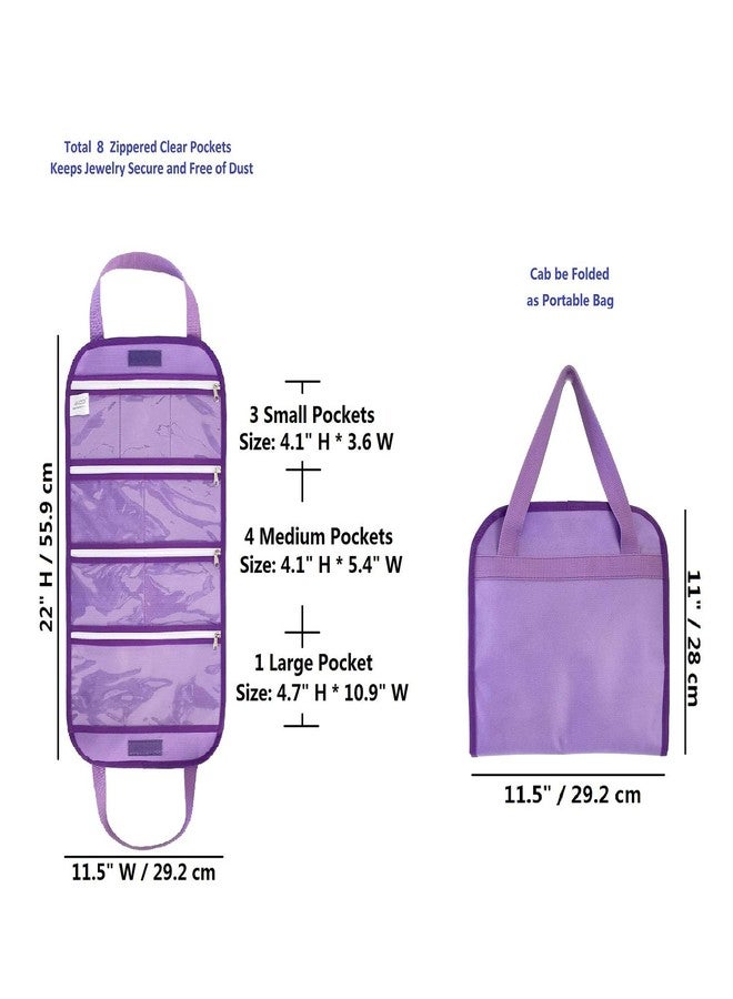 ANIZER Travel Foldable Jewelry Rolls Bag Storage Pouch Hanging Jewelry Organizer with 8 Zippered Clear Pockets for Earrings Rings Necklaces Bracelets Watchbands (Purple) - Image 2