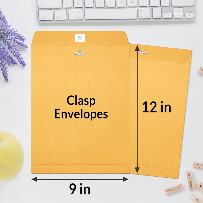 SUNEE 9"x12" Envelopes, 28-lb Heavyweight Kraft Paper, 100 Count, Brown Envelopes with Metal Clasp, for Storing, Mailing & Organizing Documents, Photos - Image 2