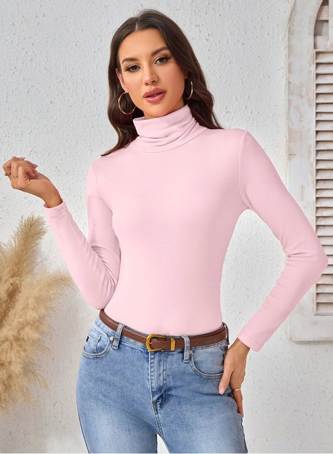 ACIEMR Turtleneck Tops for Women - Long Sleeve Shirts Lightweight Stretch Slim Fit Fall Fashion Basic Underwear Top Winter Clothes, Light Pink, XXL - Image 2