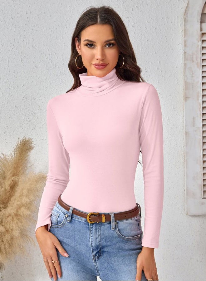 ACIEMR Turtleneck Tops for Women - Long Sleeve Shirts Lightweight Stretch Slim Fit Fall Fashion Basic Underwear Top Winter Clothes, Light Pink, XXL - Image 3