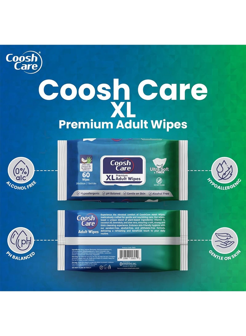 CooshCare CooshCare XL Adult Wipes - 60 Wipes - 60 Count (Pack of 1) Gentle Aloe Vera and Coconut Oil Infused Cleansing Wipes for Sensitive Skin - Alcohol-Free and pH Balanced - Image 2