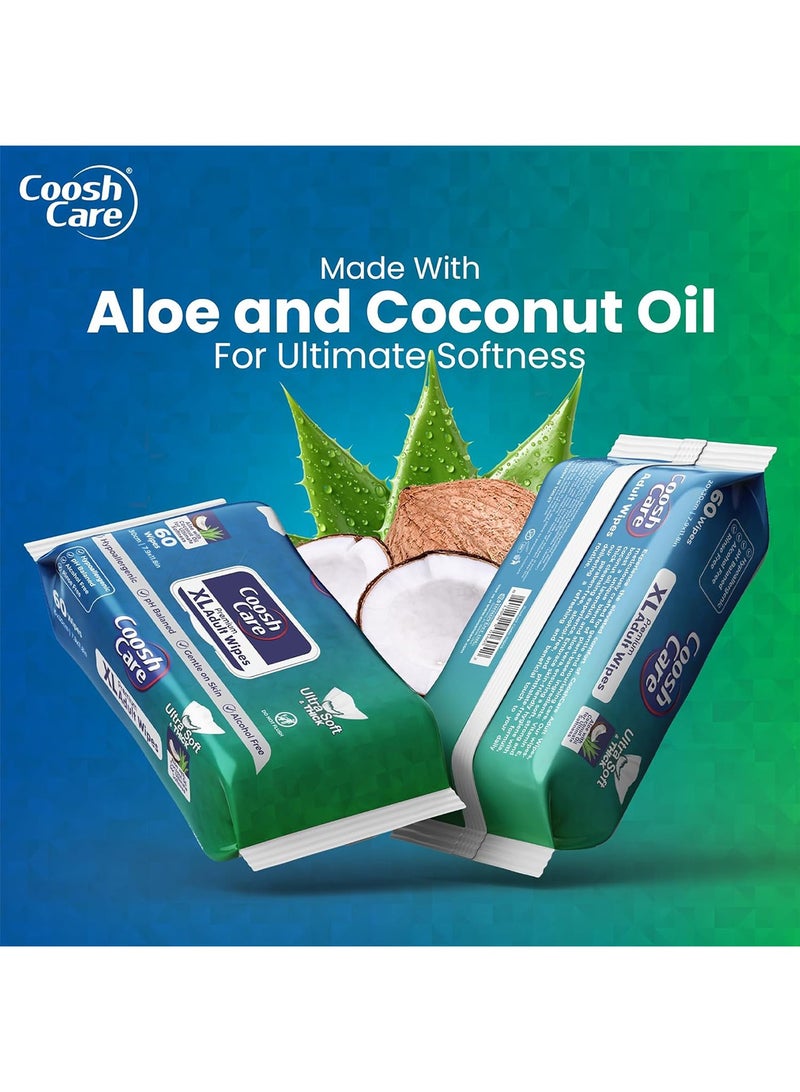 CooshCare CooshCare XL Adult Wipes - 60 Wipes - 60 Count (Pack of 1) Gentle Aloe Vera and Coconut Oil Infused Cleansing Wipes for Sensitive Skin - Alcohol-Free and pH Balanced - Image 3