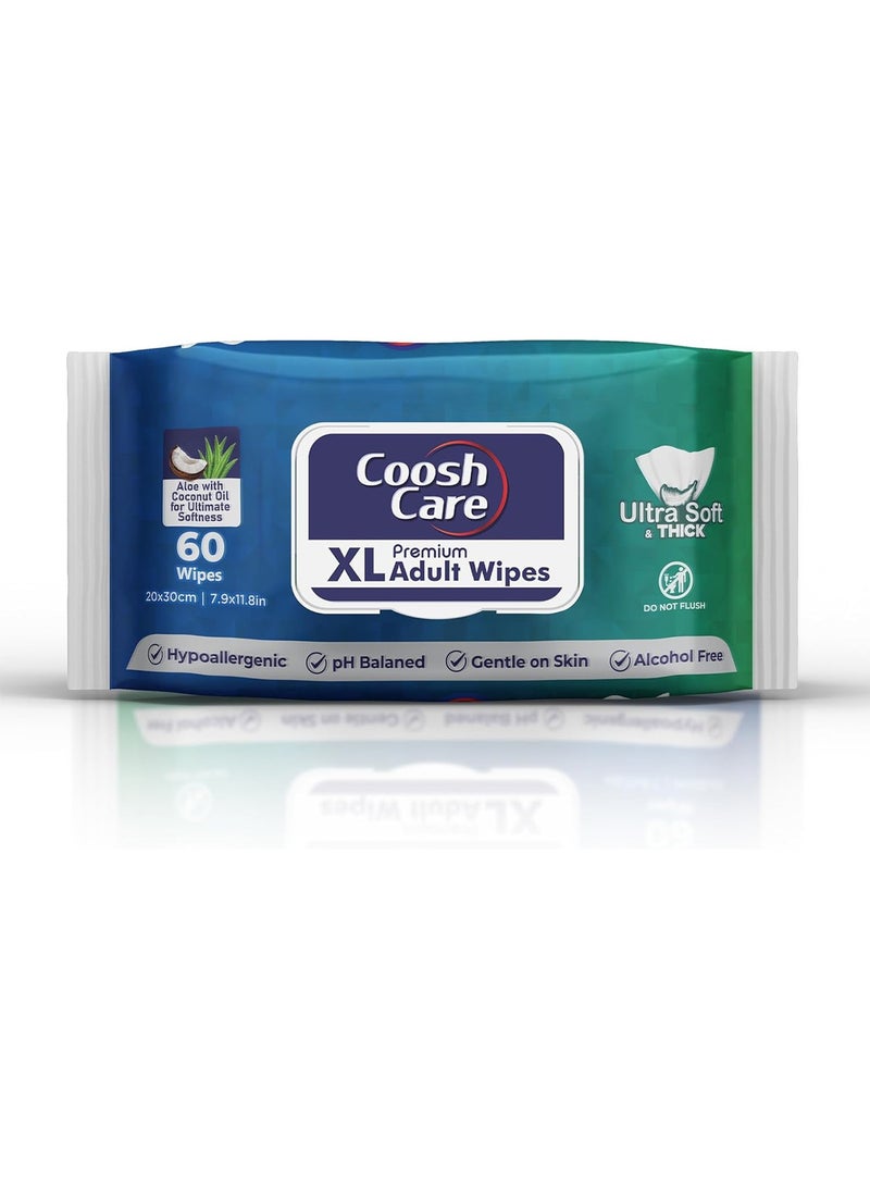CooshCare CooshCare XL Adult Wipes - 60 Wipes - 60 Count (Pack of 1) Gentle Aloe Vera and Coconut Oil Infused Cleansing Wipes for Sensitive Skin - Alcohol-Free and pH Balanced - Image 1