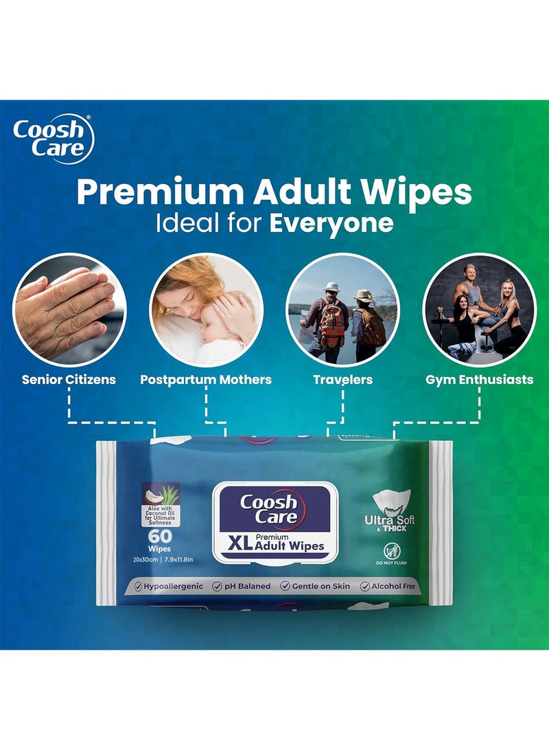 CooshCare CooshCare XL Adult Wipes - 60 Wipes - 60 Count (Pack of 1) Gentle Aloe Vera and Coconut Oil Infused Cleansing Wipes for Sensitive Skin - Alcohol-Free and pH Balanced - Image 4