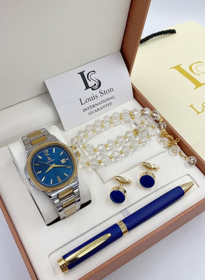 Louis Ston A high-quality, elegant men's watch gift set from Louis Ston, a silver bracelet with a gold bracelet and a blue dial with the date display - Limited edition.