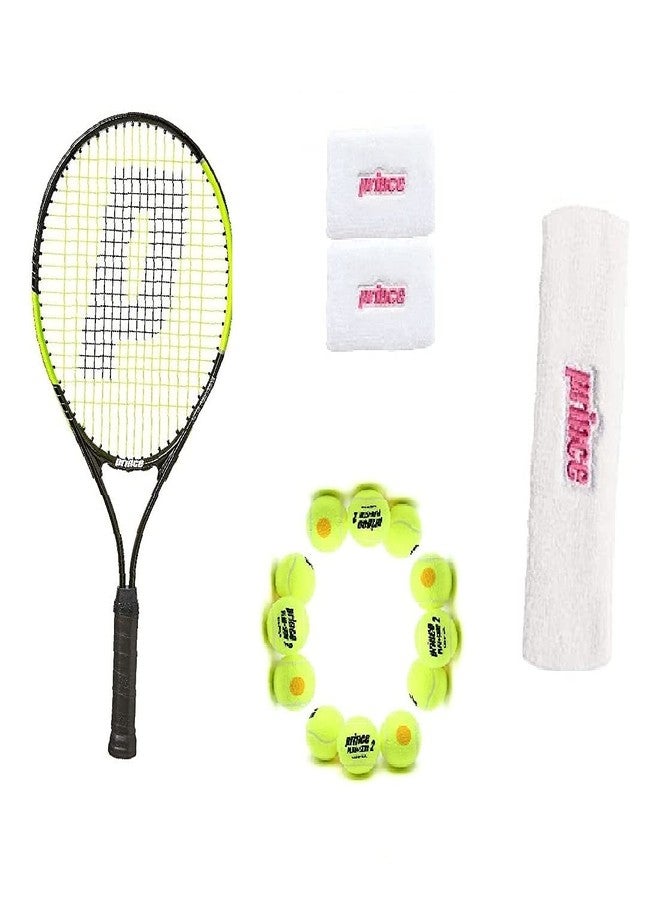 برنس مضرب تنس برينس ثاندر 26 من الألومنيوم، مجموعة كرات تنس برينس ستيج 2 برتقالية قياسية (12 كرة) مع سوار معصم أبيض/سوار رأس وردي/أبيض - Image 1