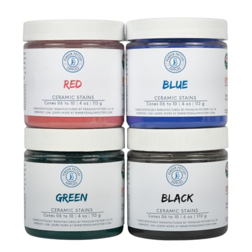 Penguin Pottery - Variety Set of 4 Ceramic Stains - 6 oz Black, 4 oz Each of Red, Blue and Green - Colorants for Clay, glazes, Clay Slip Pottery Glaze, Ceramic Glaze - Image 1