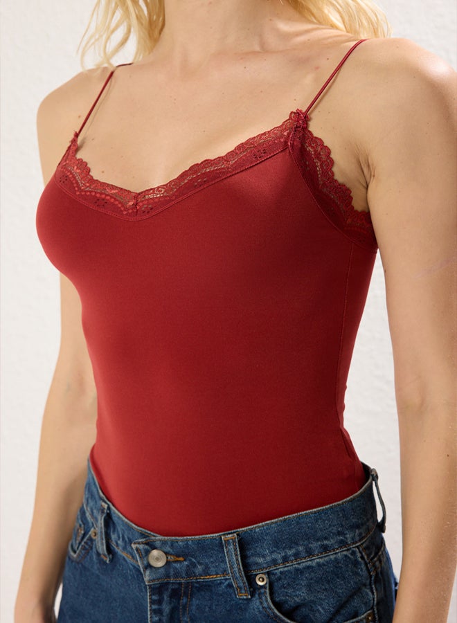 trendyol Claret Red Lace Detailed Fitted/Fits the Body with Snaps at the Bottom Flexible Knitted Bodysuit - Image 3