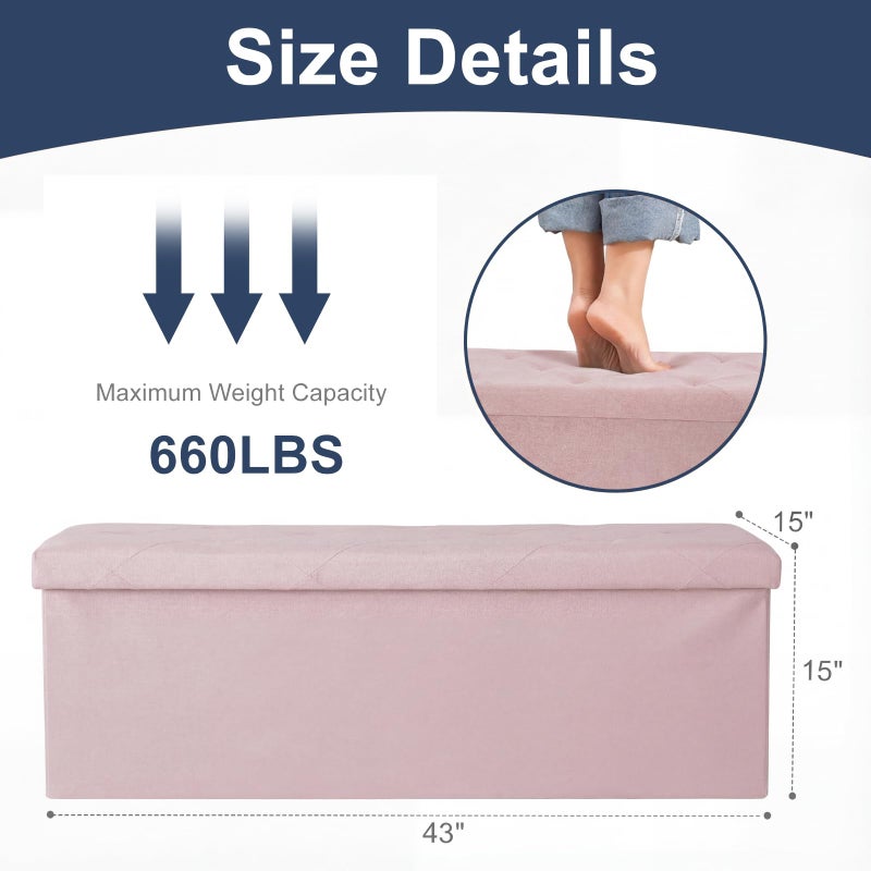 DUMOS 43in Foldable Storage Ottoman Bench, Storage Chest, Large End of Bed Foot Rest Stool with Padded Seat, Bedroom Bench for Living Room, Support 660lbs, Pink - Image 3