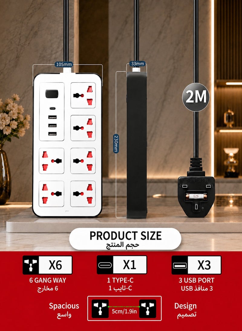 Extension Cord Protector Power Strip with 6 Outlets, 3 USB-A Ports, 1 USB-C Port, Flat Plug, Wall Mountable, Desk USB Charging Station, Ideal for All Electronic Devices, White - Image 1
